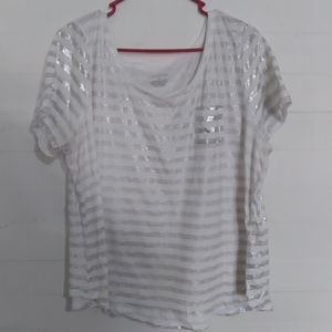 White t-shirt with shiny silver lines and a pocket on the breaat frm lane bryant
